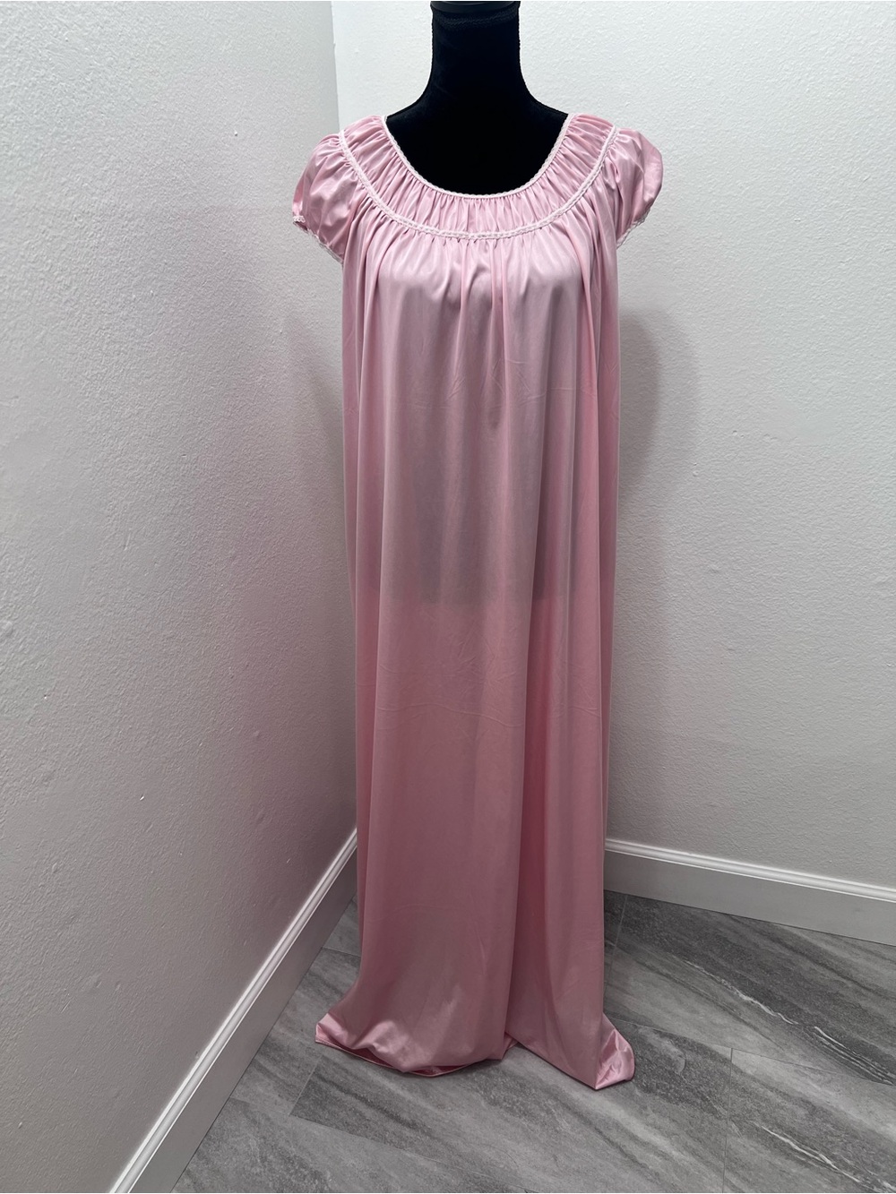 Vtg Lorraine Pink Nightgown Gathered Scoop Neckline and Short Flutter Sleeves